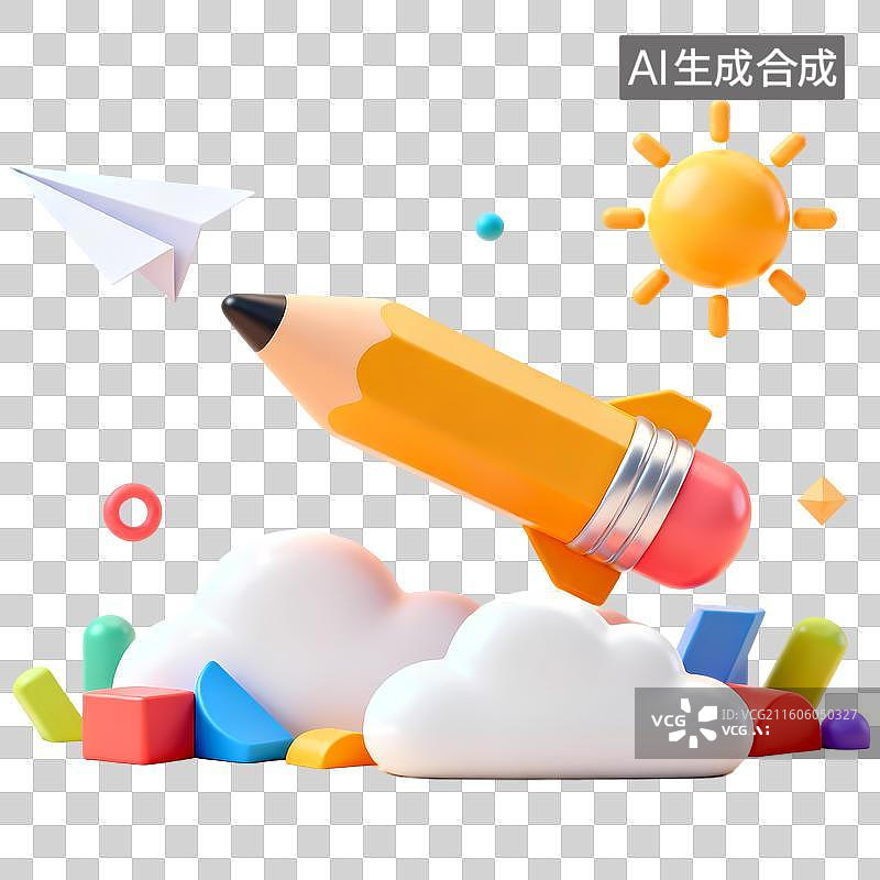 【AI数字艺术】巨大的铅笔太阳云朵纸飞机3D卡通立体C4D渲染质感插画元素图片素材