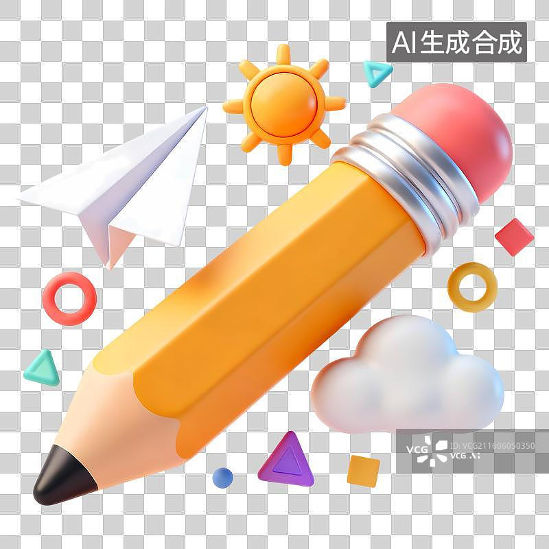 【AI数字艺术】巨大的铅笔太阳云朵纸飞机3D卡通立体C4D渲染质感插画元素图片素材