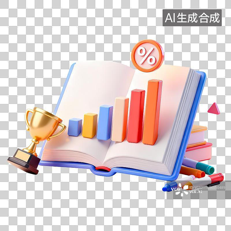 【AI数字艺术】百分比符号奖杯柱状图马克笔图书3D卡通立体C4D渲染质感插画元素图片素材