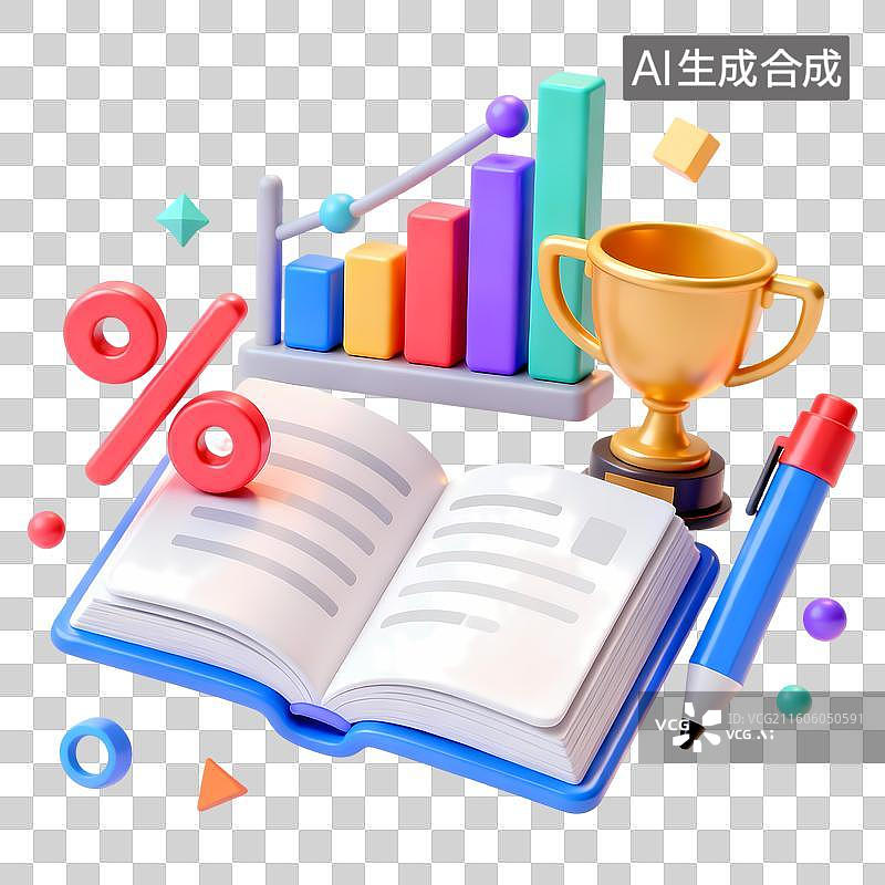 【AI数字艺术】百分比符号奖杯柱状图马克笔图书3D卡通立体C4D渲染质感插画元素图片素材