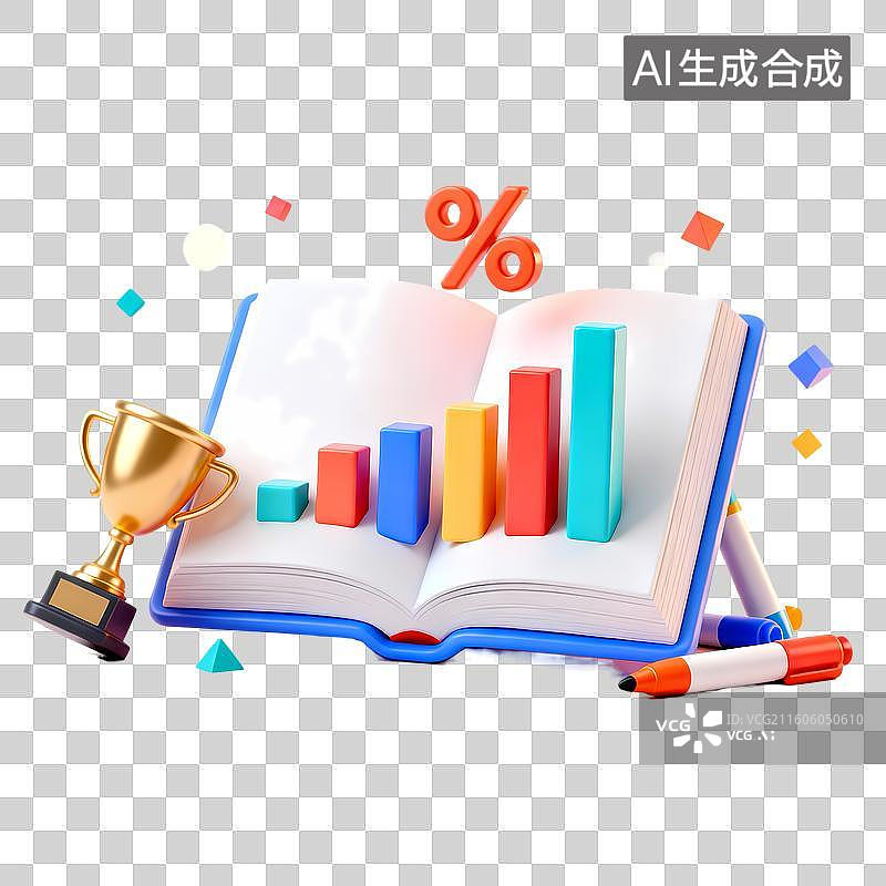 【AI数字艺术】百分比符号奖杯柱状图马克笔图书3D卡通立体C4D渲染质感插画元素图片素材