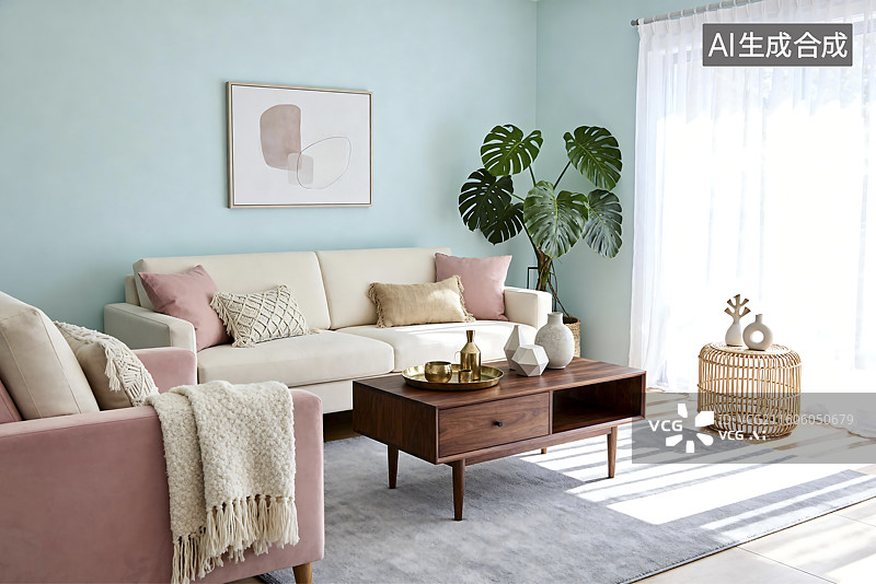 【AI数字艺术】浅蓝色墙面的舒适客厅图片素材