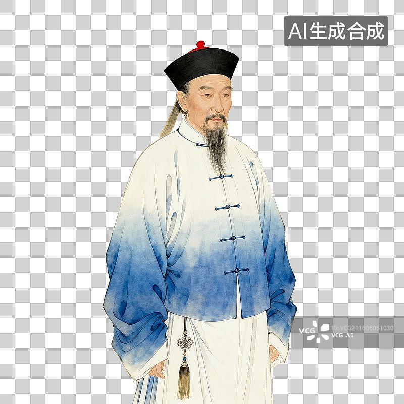 【AI数字艺术】3D 中国古代文人蓝白渐变长袍免抠设计素材图片素材