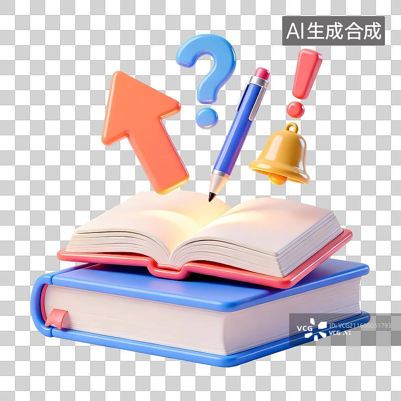 【AI数字艺术】图书箭头铃铛问号感叹号图书3D卡通立体C4D渲染质感插画图片素材