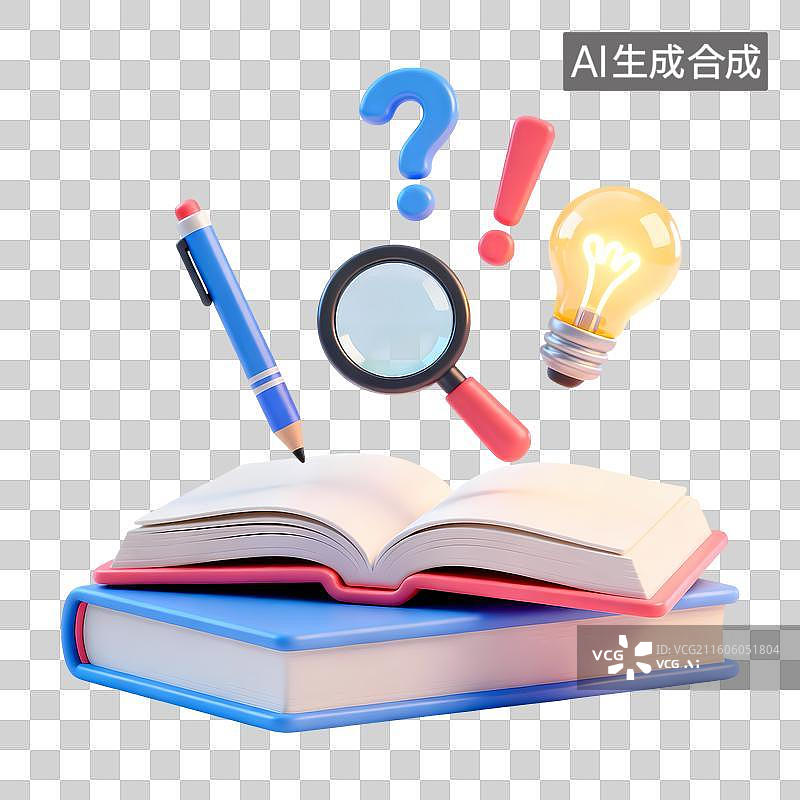 【AI数字艺术】图书放大镜问号感叹号图书3D卡通立体C4D渲染质感插画图片素材