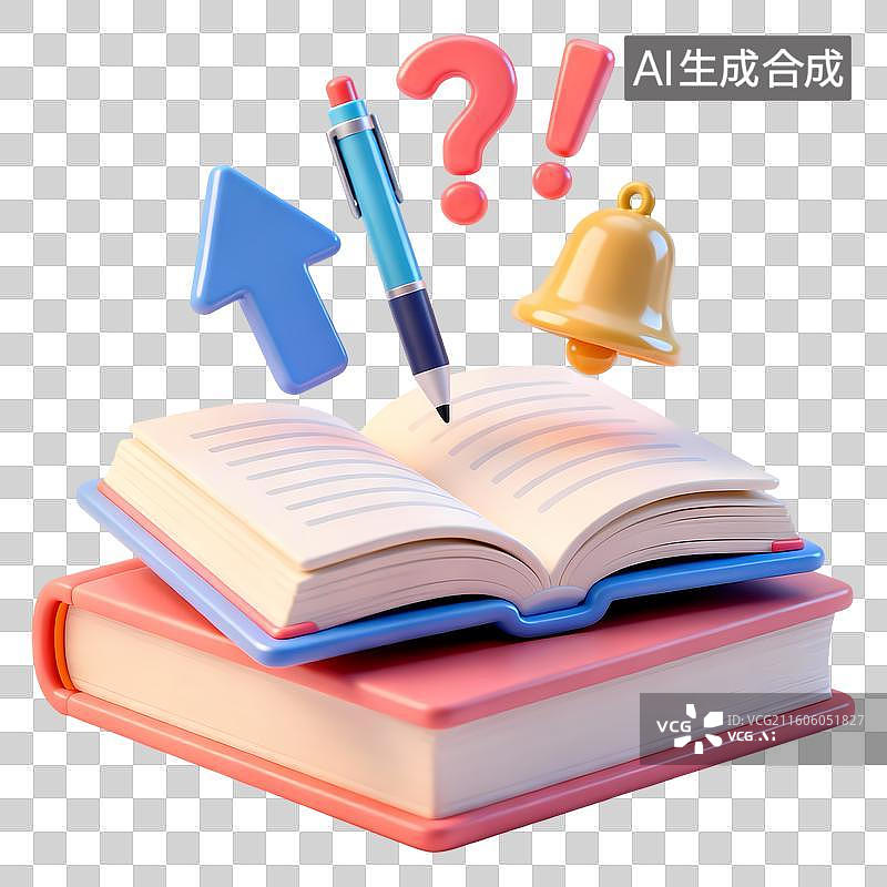 【AI数字艺术】图书箭头铃铛问号感叹号图书3D卡通立体C4D渲染质感插画图片素材