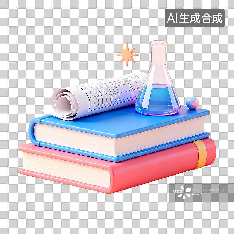 【AI数字艺术】图书文件锥形瓶试剂星星3D卡通立体C4D渲染质感插画图片素材