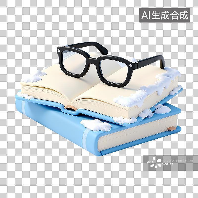 【AI数字艺术】眼镜和两本书积雪冬季3D卡通立体C4D渲染质感插画图片素材