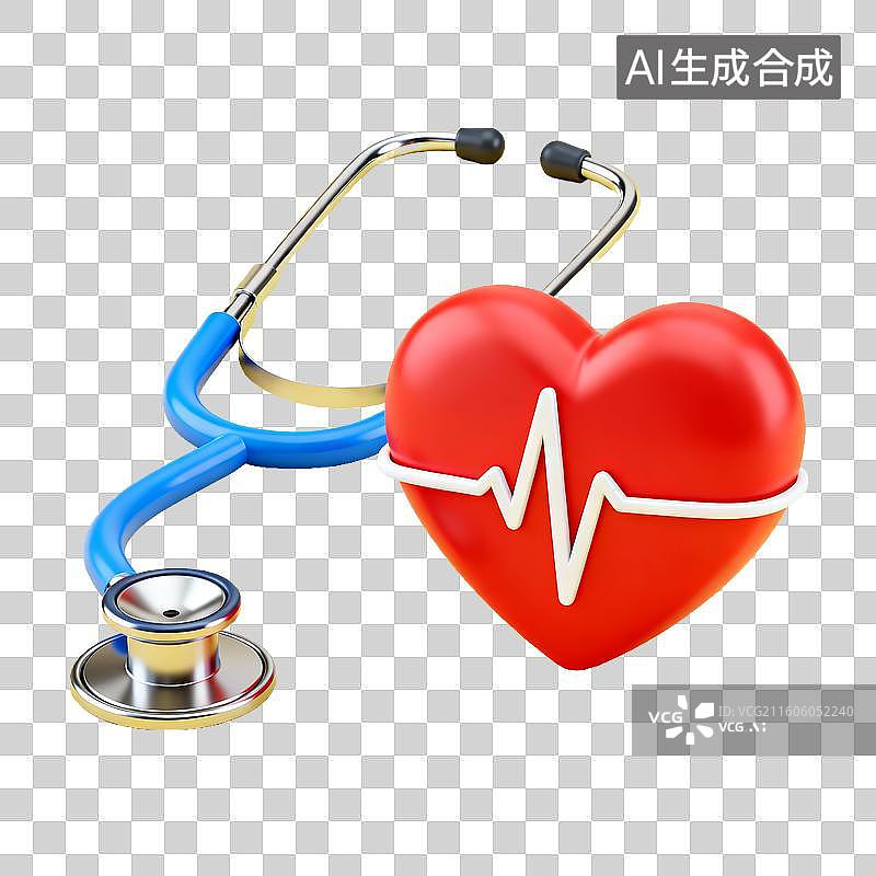 【AI数字艺术】3D 医疗健康心脏听诊器心电图免抠设计素材图片素材