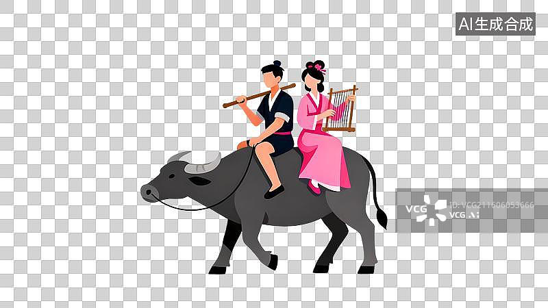 【AI数字艺术】骑在牛背上的牛郎和织女卡通插画图片素材
