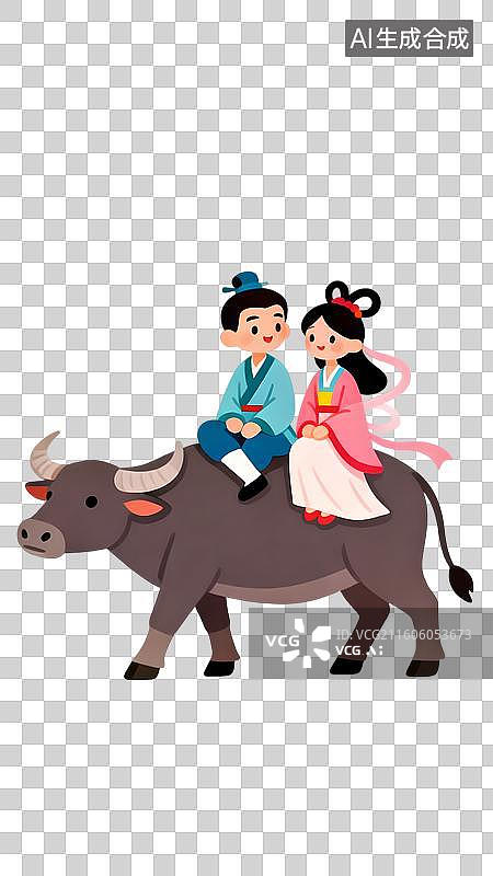 【AI数字艺术】骑在牛背上的牛郎和织女卡通插画图片素材