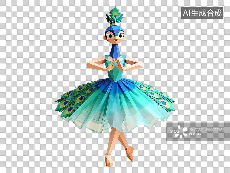 【AI数字艺术】孔雀舞折纸风3D卡通立体C4D渲染质感插画图片素材