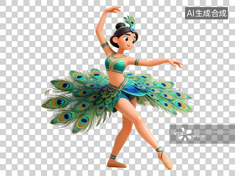 【AI数字艺术】女孩跳孔雀舞优雅舒展3D卡通立体C4D渲染质感插画图片素材