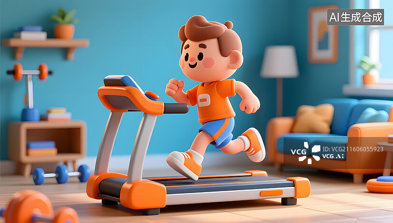 【AI数字艺术】居家健身房卡通角色跑步场景图片素材