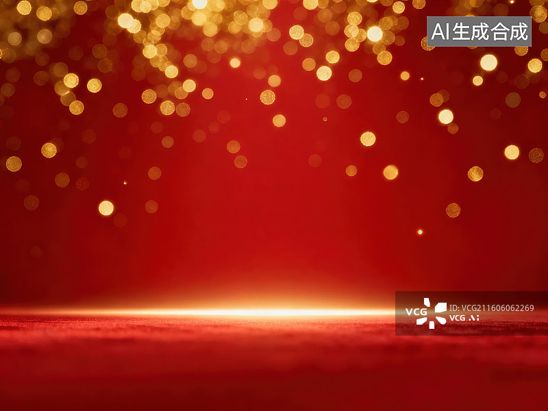 【AI数字艺术】红色背景金色光斑闪烁图片素材