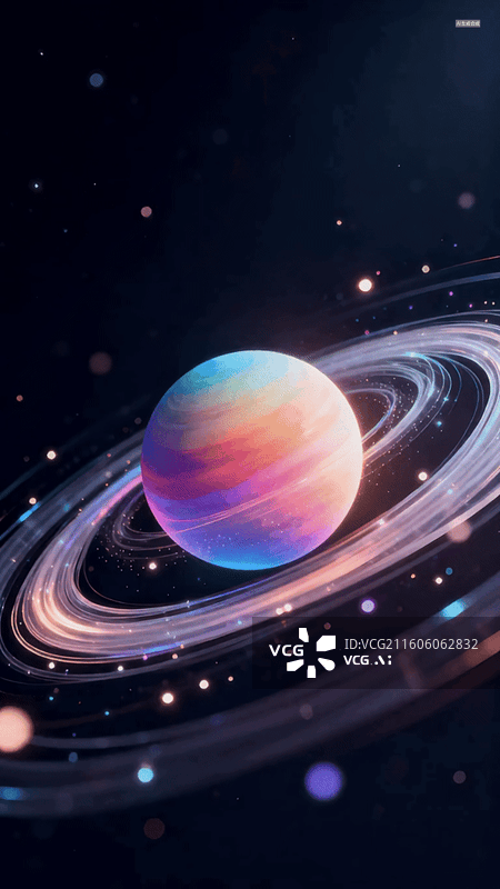 【AI数字艺术】彩虹色行星环绕绚丽光环图片素材