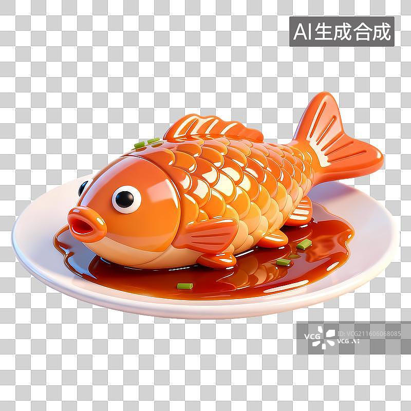 【AI数字艺术】一盘红烧鱼3D卡通立体C4D渲染质感插画元素图片素材