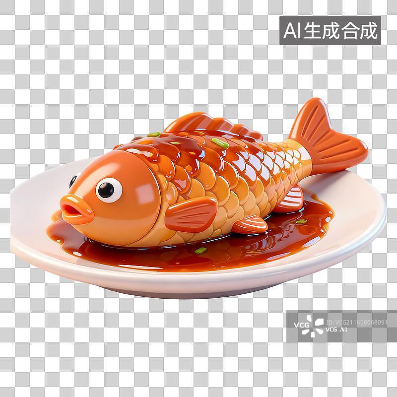 【AI数字艺术】一盘红烧鱼3D卡通立体C4D渲染质感插画元素图片素材