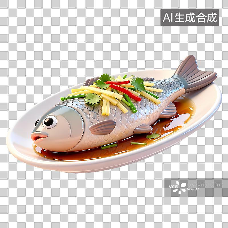 【AI数字艺术】一盘清蒸鱼3D卡通立体C4D渲染质感插画元素图片素材