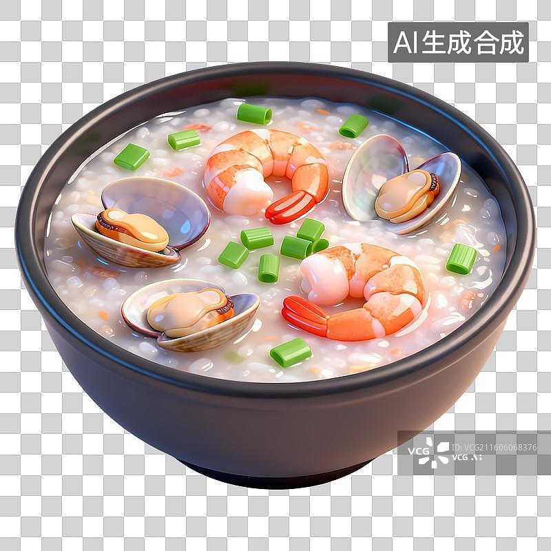 【AI数字艺术】一份海鲜粥砂锅粥3D卡通立体C4D渲染质感插画元素图片素材