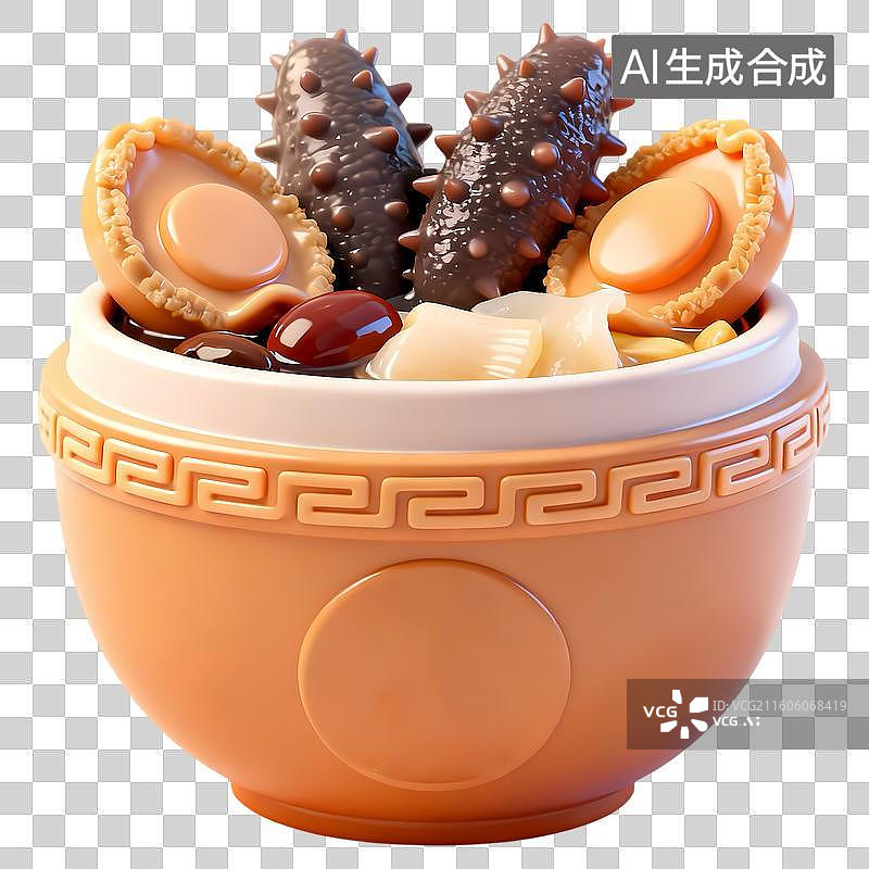 【AI数字艺术】一份佛跳墙海参鲍鱼3D卡通立体C4D渲染质感插画元素图片素材