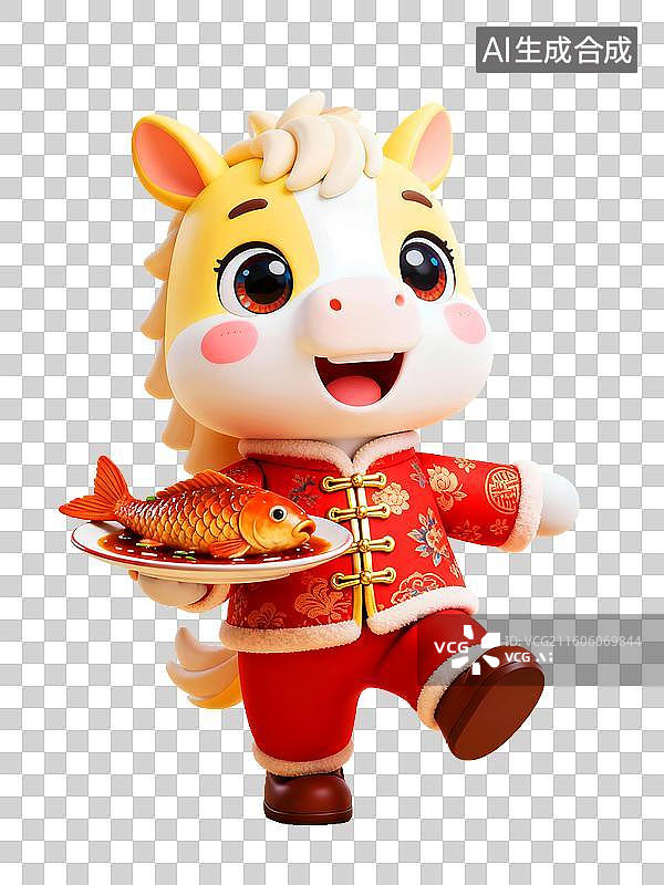 【AI数字艺术】3D渲染春节节日穿红色中式棉袄吉祥小马托着糖醋鲤鱼年夜饭庆祝庆祝2026马年图片素材