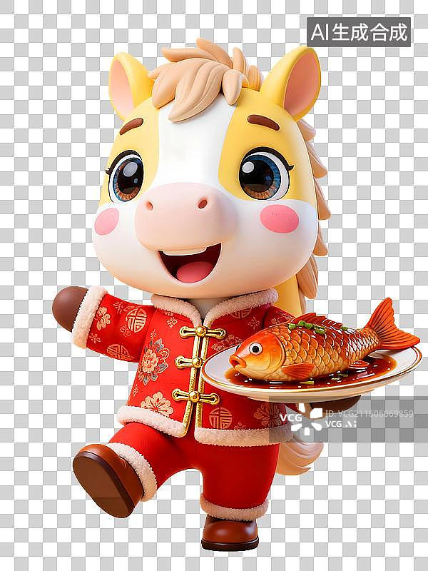【AI数字艺术】3D渲染春节节日穿红色中式棉袄吉祥小马托着糖醋鲤鱼年夜饭庆祝庆祝2026马年图片素材