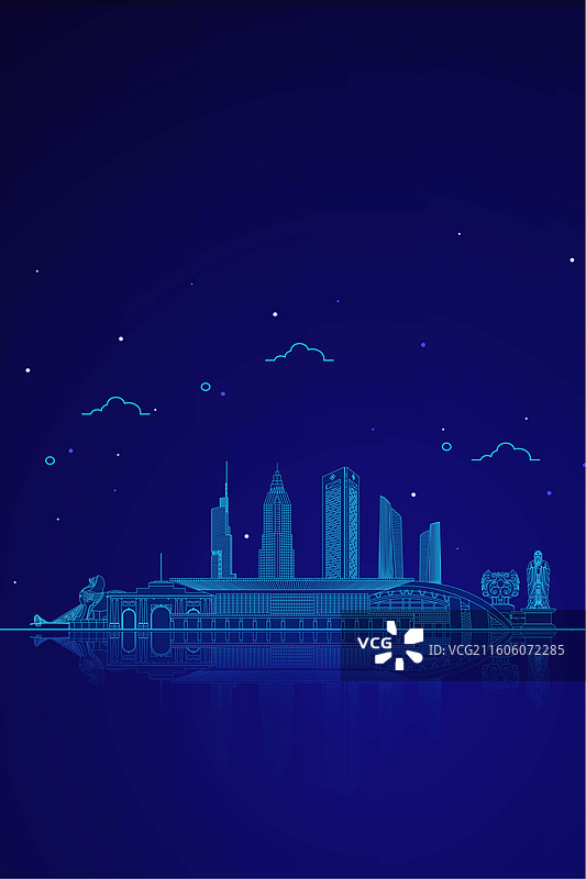 南京城市地标建筑群天际线蓝色科技线条矢量插画海报图片素材