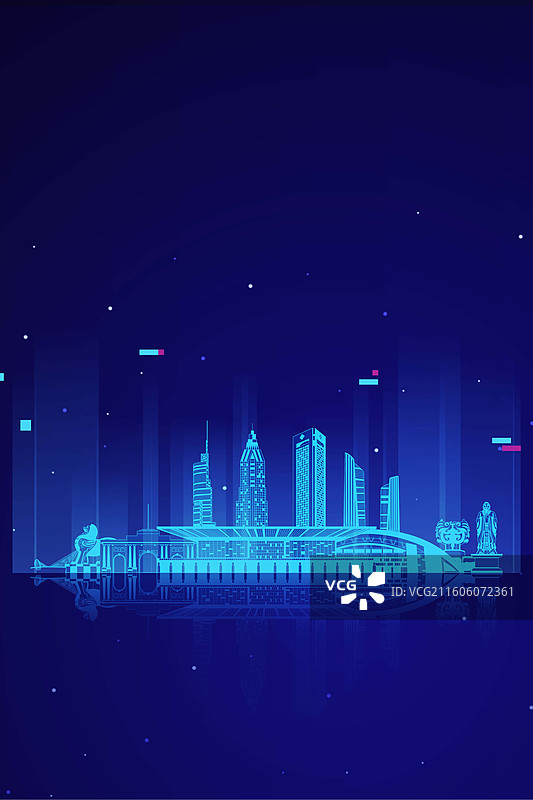 南京城市地标建筑群天际线蓝色科技线条矢量插画海报图片素材
