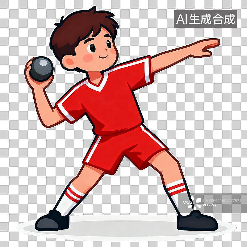 【AI数字艺术】体育课上穿着红色队服准备扔铅球的小男孩图片素材