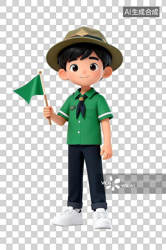 【AI数字艺术】身着童子军制服手持绿旗的男孩图片素材