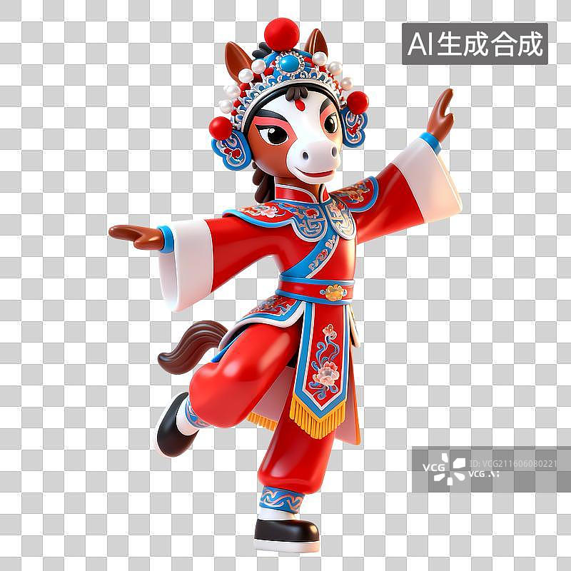 【AI数字艺术】戏曲马传统京剧拟人动物3D卡通立体C4D渲染质感插画元素图片素材