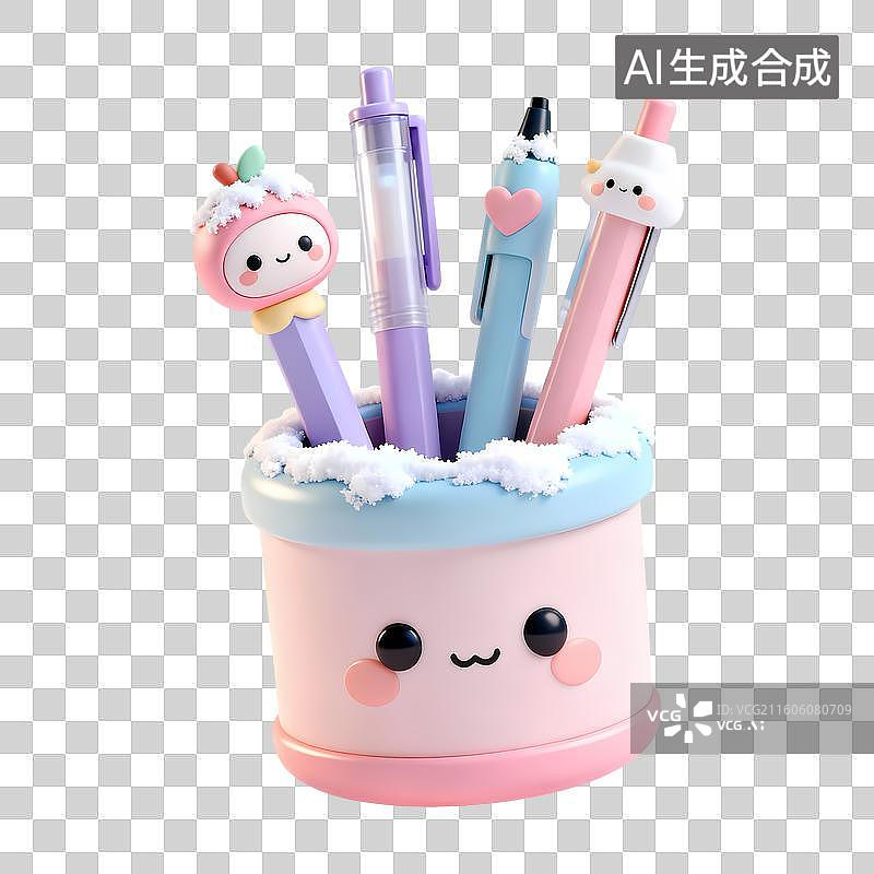 【AI数字艺术】可爱浅色系笔筒积雪3D卡通立体C4D渲染质感插画元素图片素材