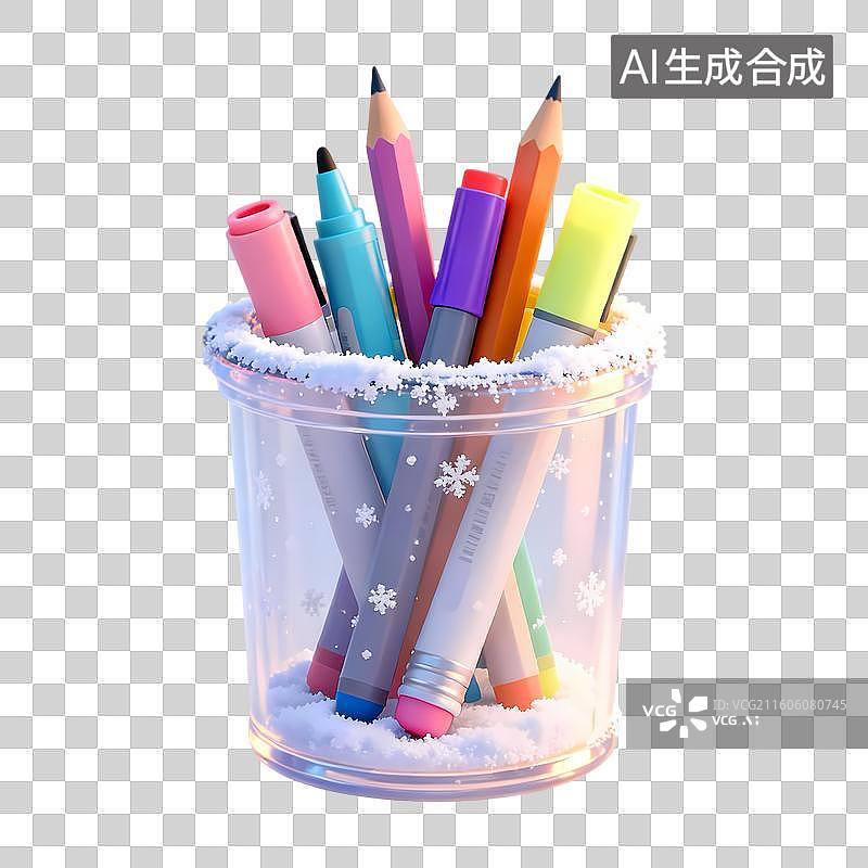 【AI数字艺术】透明笔筒装着笔积雪3D卡通立体C4D渲染质感插画元素图片素材