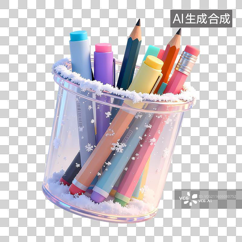 【AI数字艺术】透明笔筒装着笔积雪3D卡通立体C4D渲染质感插画元素图片素材