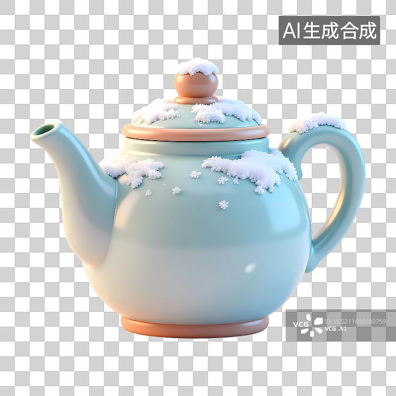 【AI数字艺术】积雪的陶瓷茶壶3D卡通立体C4D渲染质感插画元素图片素材