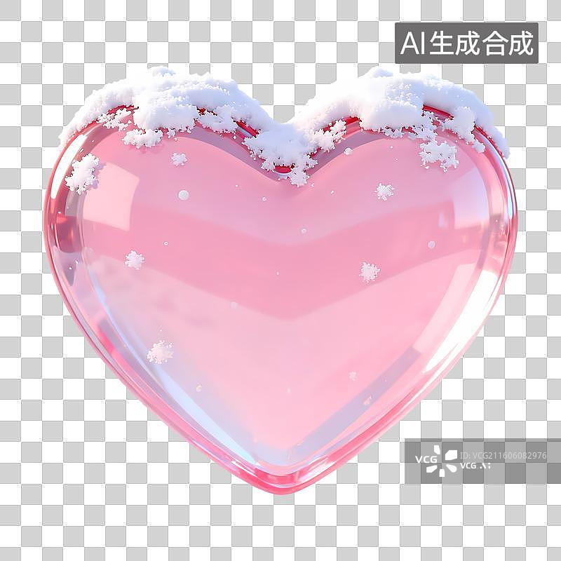 【AI数字艺术】积雪半透明粉色爱心3D卡通立体C4D渲染质感插画元素图片素材
