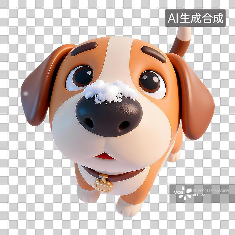 【AI数字艺术】鱼眼效果视角夸张小狗看雪花鼻头有雪3D卡通立体C4D渲染质感插画元素图片素材