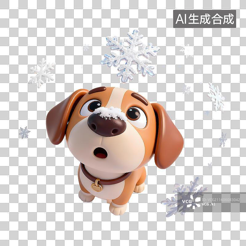 【AI数字艺术】鱼眼效果视角夸张小狗看雪花鼻头有雪3D卡通立体C4D渲染质感插画元素图片素材