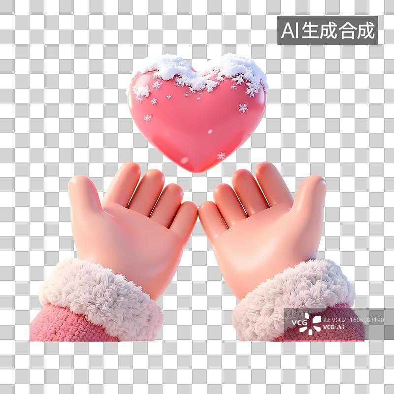 【AI数字艺术】积雪毛绒袖子的手捧着爱心3D卡通立体C4D渲染质感插画元素图片素材