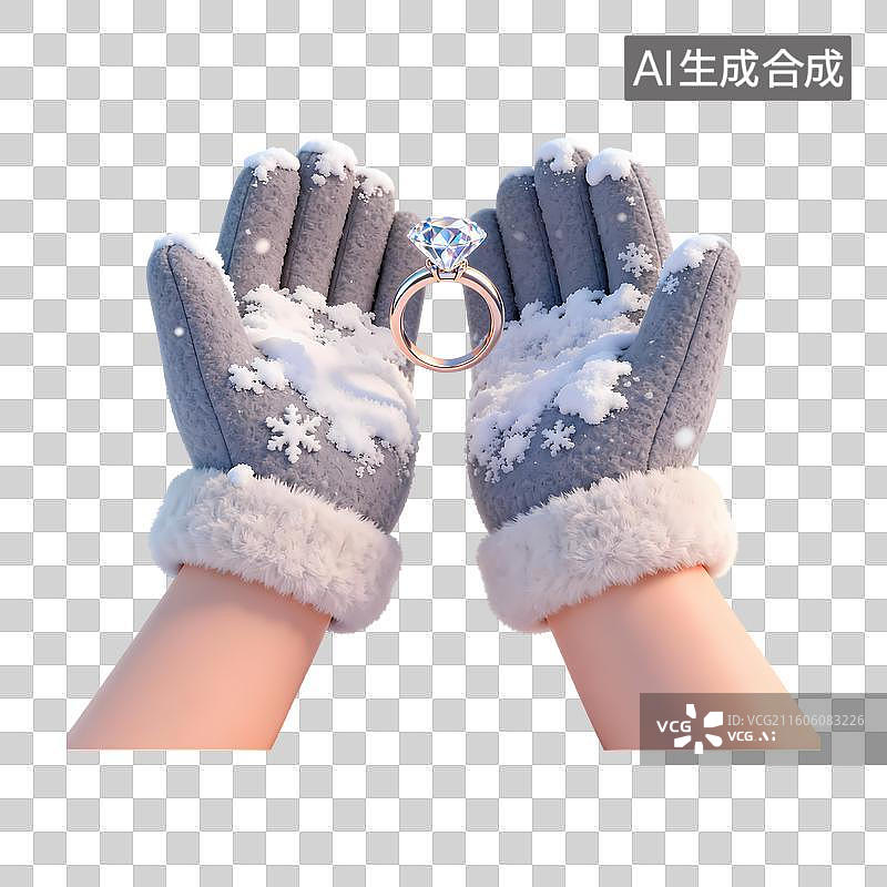 【AI数字艺术】戴着针织手套的双手捧着钻戒积雪3D卡通立体C4D渲染质感插画元素图片素材