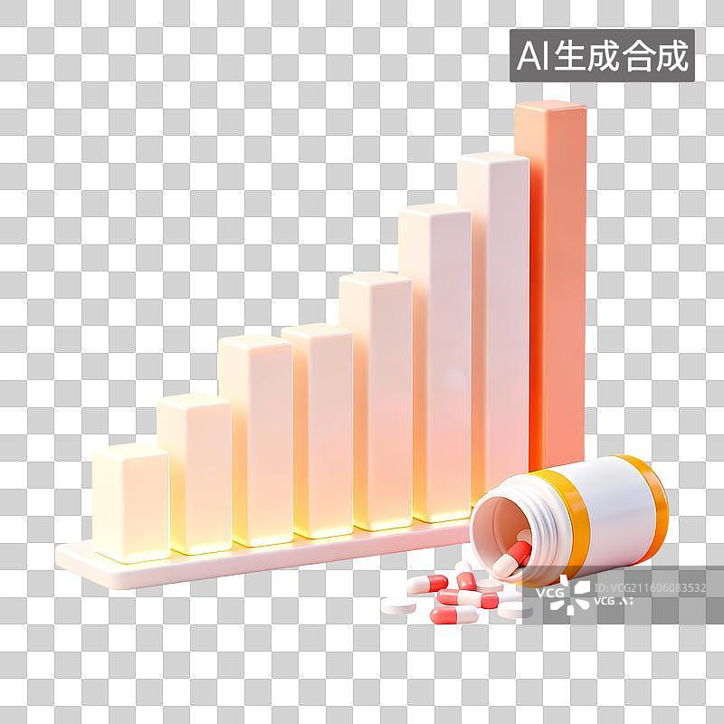 【AI数字艺术】药瓶胶囊上升柱状图医疗元素3D卡通立体C4D渲染质感插画元素图片素材