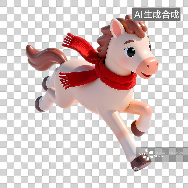 【AI数字艺术】戴着红色针织围巾奔跑的小马3D卡通立体C4D渲染质感插画元素图片素材