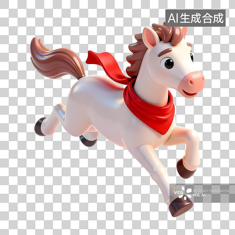 【AI数字艺术】戴着红色针织围巾奔跑的小马3D卡通立体C4D渲染质感插画元素图片素材