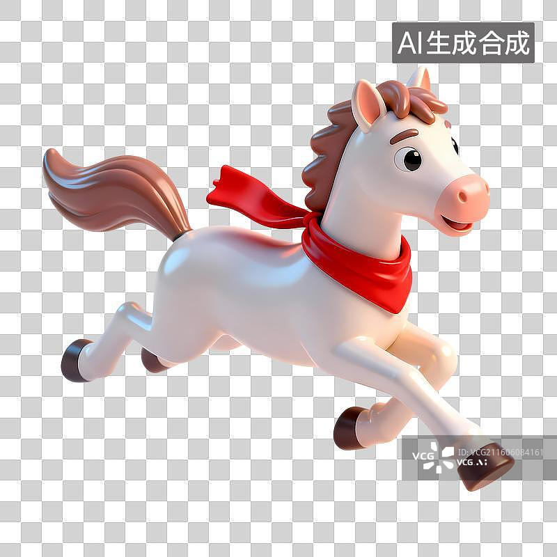 【AI数字艺术】戴着红色针织围巾奔跑的小马3D卡通立体C4D渲染质感插画元素图片素材