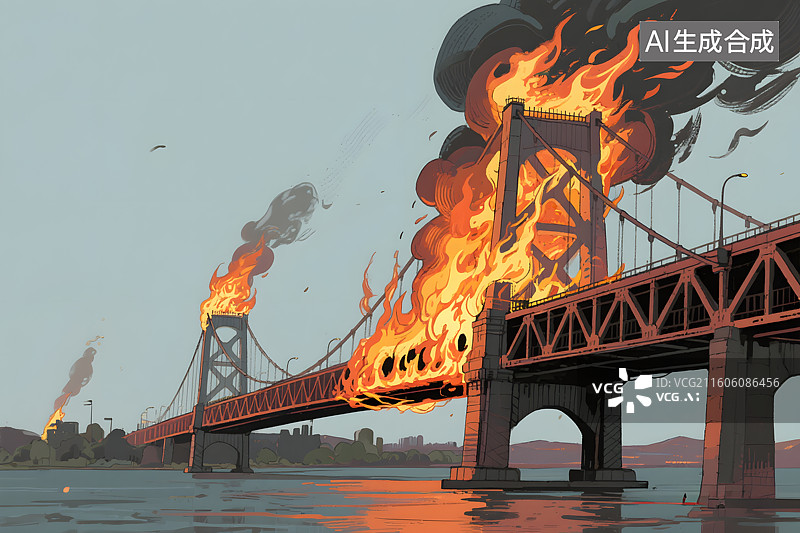 【AI数字艺术】烈焰中的城市桥梁图片素材