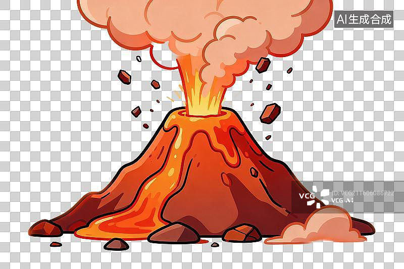 【AI数字艺术】卡通风格，一座喷发的火山PNG格式的免扣元素图片素材