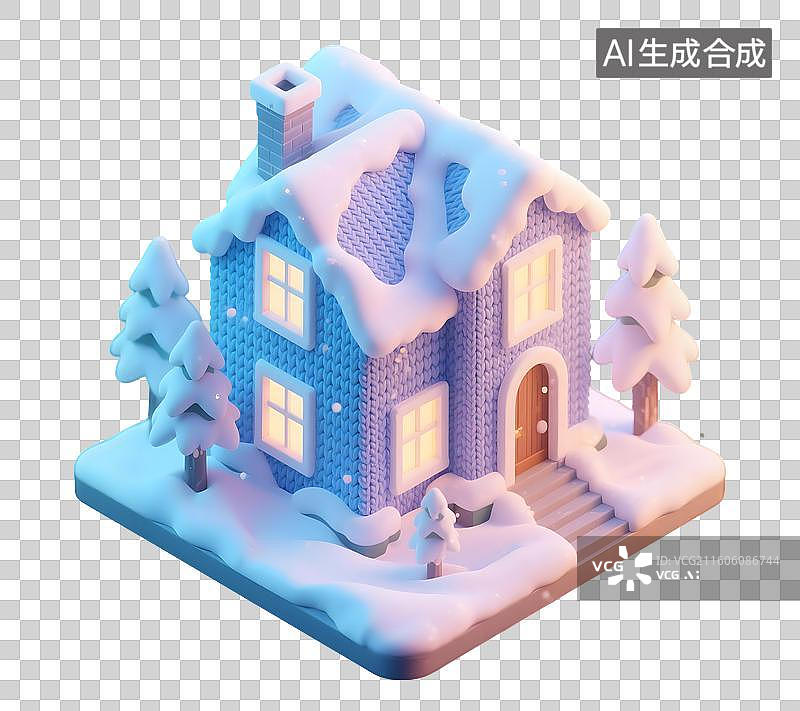 【AI数字艺术】AIGC：3D卡通落雪的别墅房屋建筑，雪景雪地，冬天装饰，元素，免抠图形图片素材