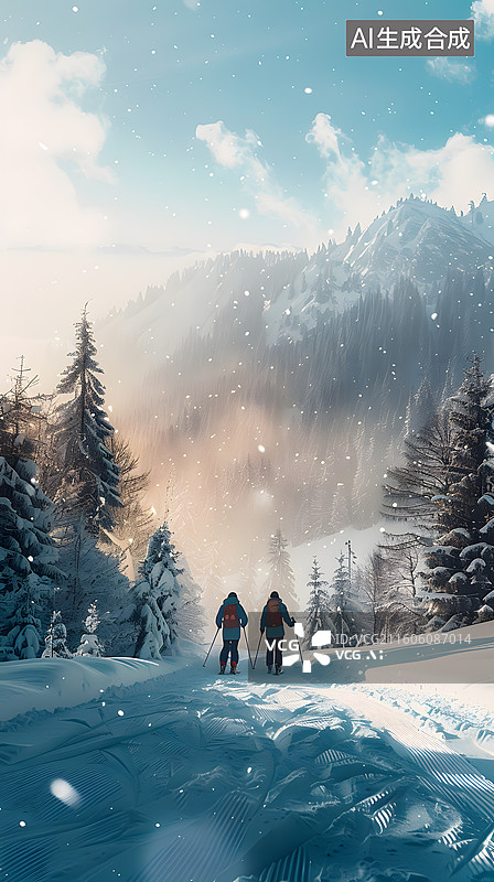 【AI数字艺术】冬天滑雪场滑雪的人图片素材