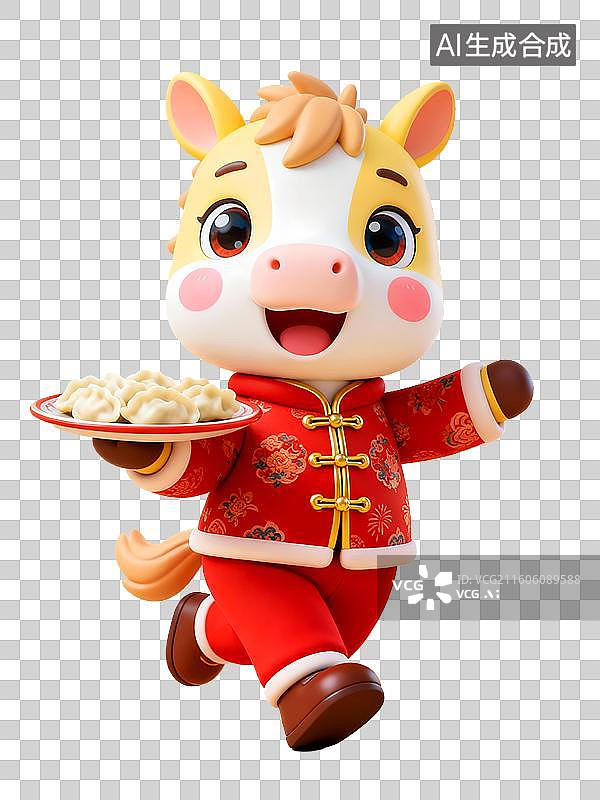 【AI数字艺术】3D春节吉祥小马端着一盘饺子参加除夕年夜饭聚会元素图片素材